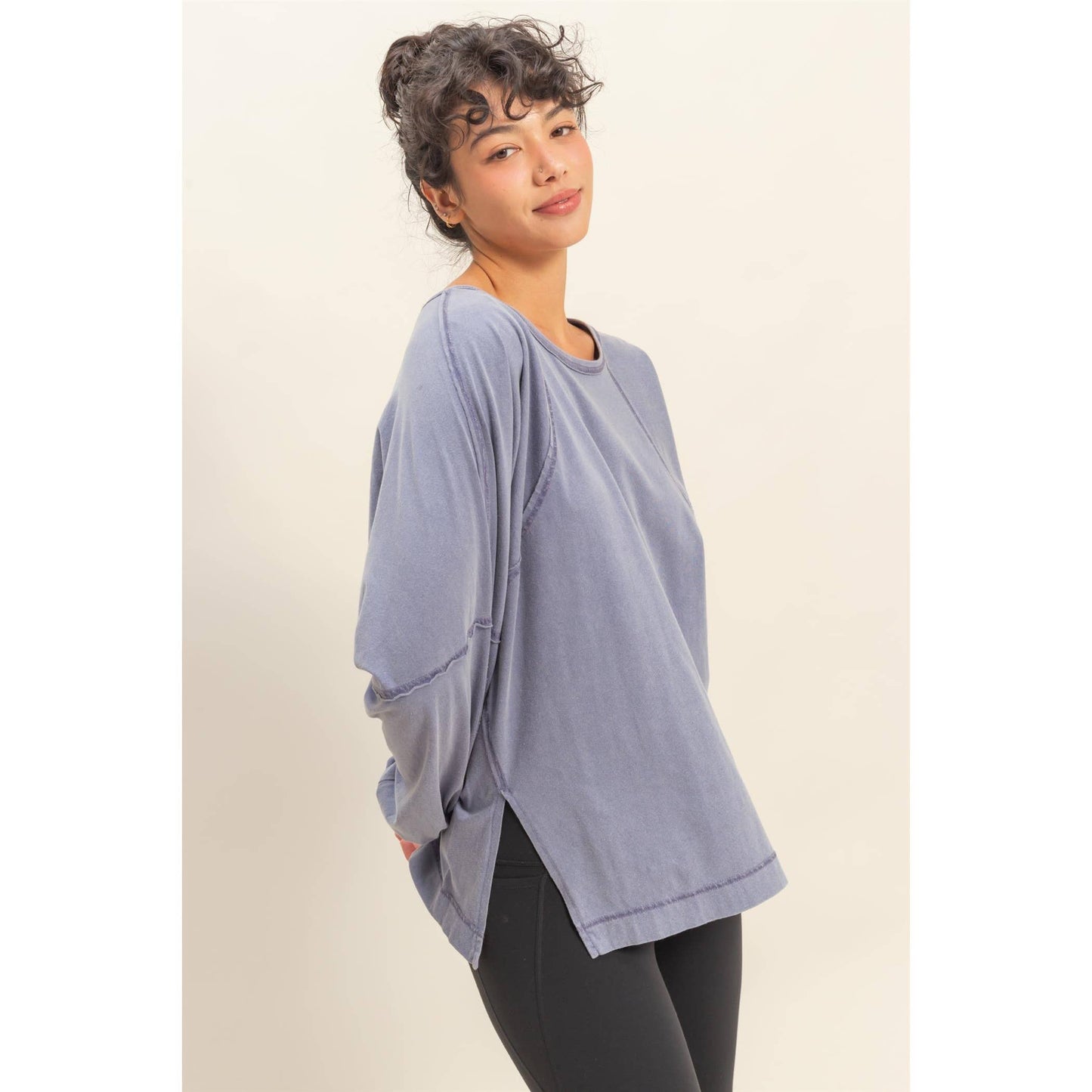 Washed Oversized Long Sleeve Top With Slit
