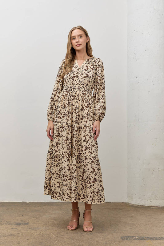 (PLUS) FLORAL PRINT LONG SLEEVE MIDI DRESS