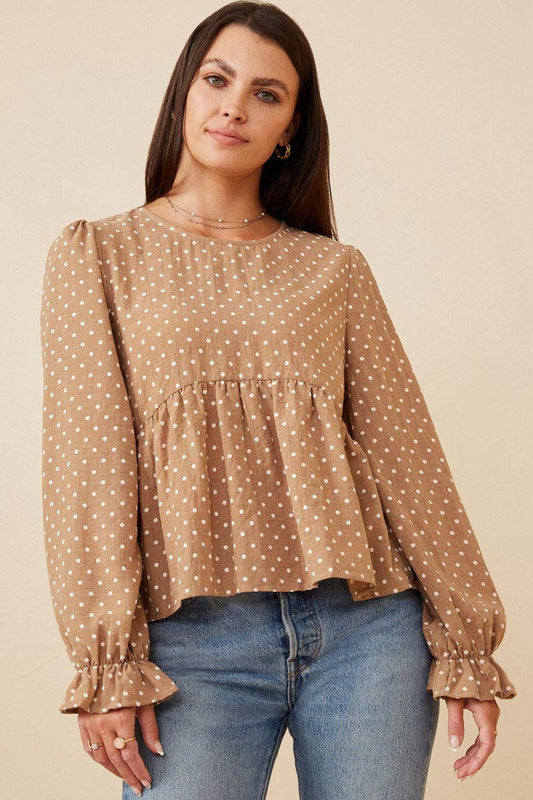 Womens Polka Dot Cinched Cuff Peplum Top