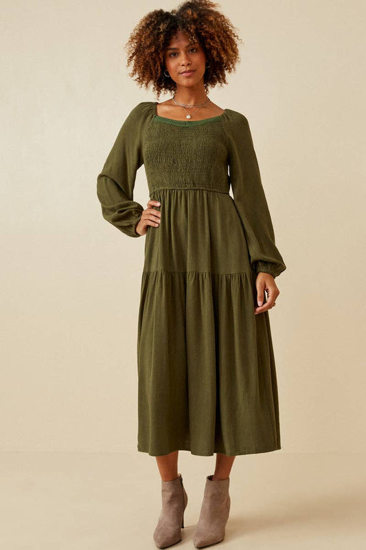 Womens Smocked Lace Trim Neckline Tiered Dress